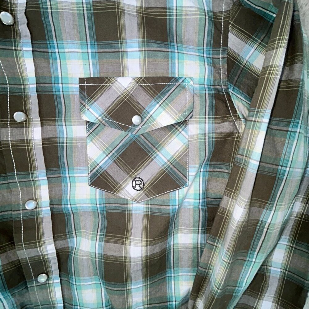 Roper Shirt Gray Teal Plaid Pearl Snap Long Sleeve Mens/Boys XL Chest 36" - Picture 2 of 9